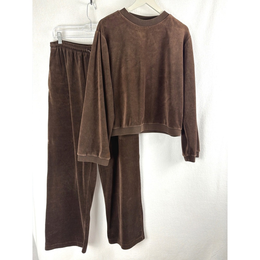 Lizsport Vintage Velour Tracksuit Set Brown Sweatshirt Wide Leg Sz L top/M pants